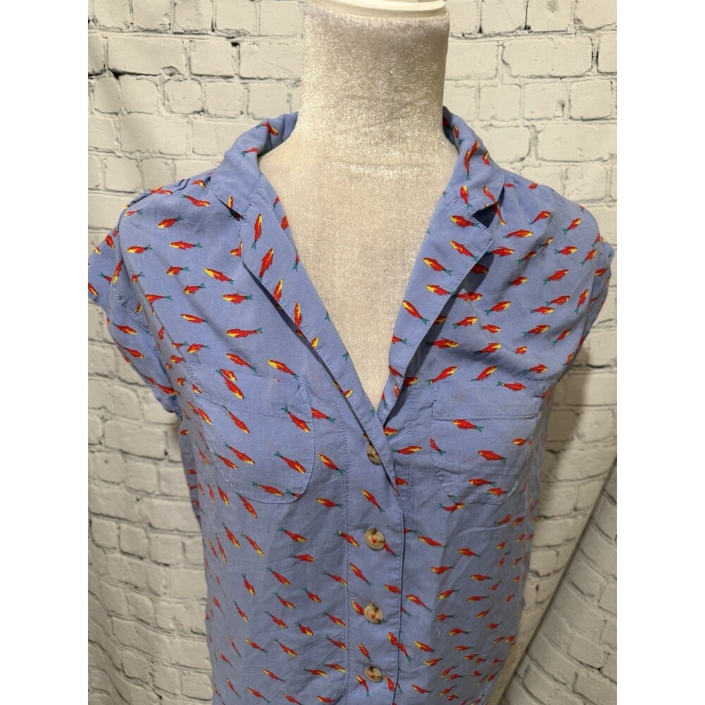 Anthropologie 52 Conversations Blue Button Up Blouse Fish Novelty Print XS - Picture 3 of 10